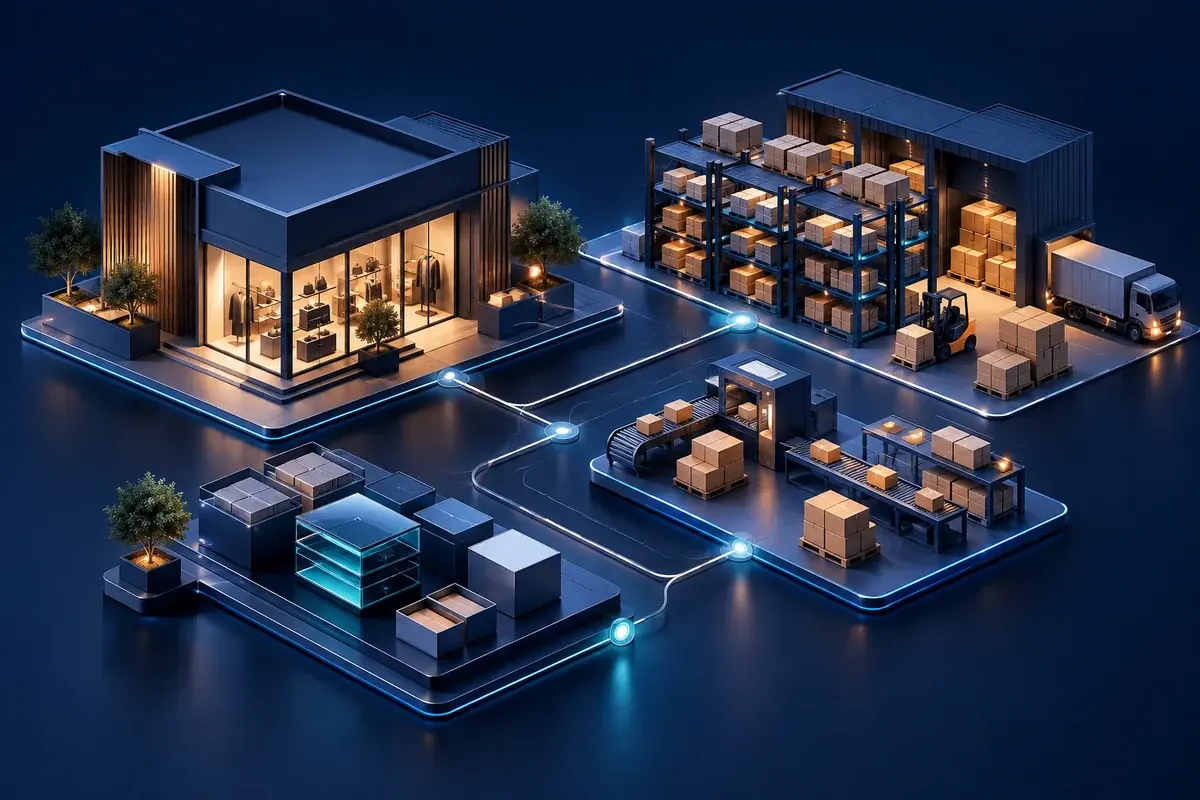 Conceptual illustration connecting retail, inventory, fulfilment and disciplined business operations