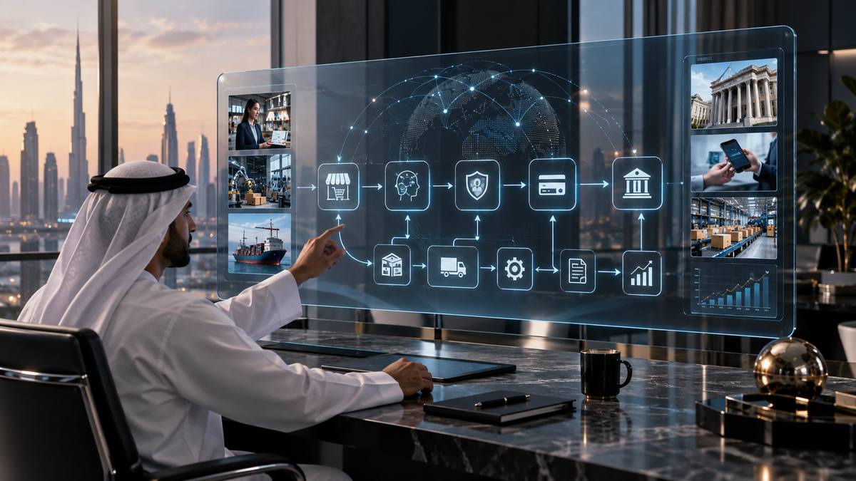 GCC executive viewing an agentic commerce workflow connecting merchants, AI, identity, payments, banking, logistics and analytics.