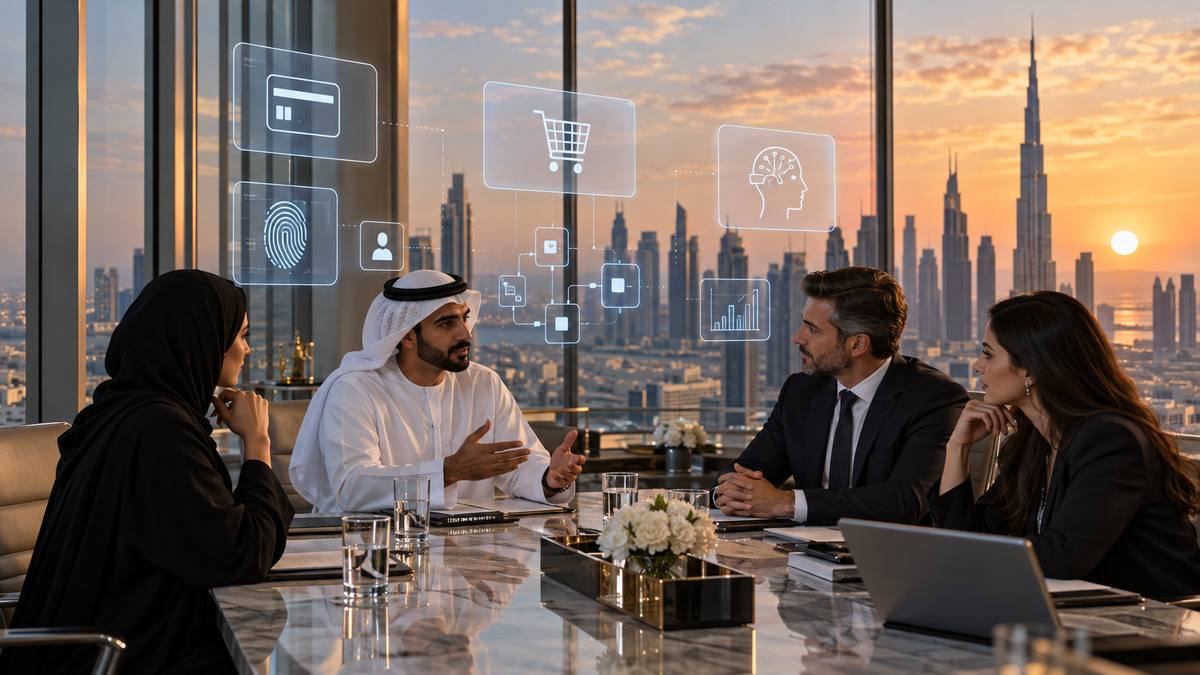 GCC executives in a Dubai boardroom discussing agentic commerce, AI identity, payments and digital commerce.
